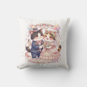 Cute Watercolor Just Married Cats Wedding Throw Pillow