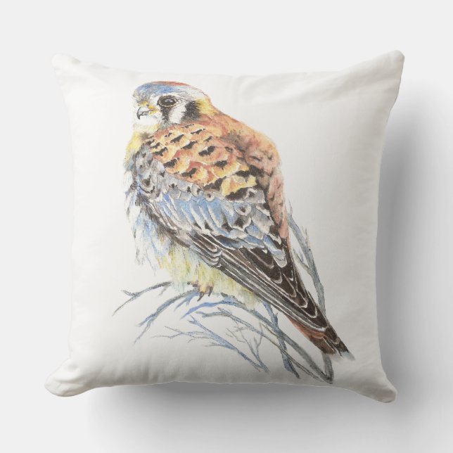 Cute Watercolor Kestrel Sparrow Hawk Bird Outdoor Pillow (Front)