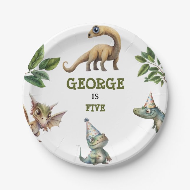 Cute Watercolor Kids Dinosaur Theme Birthday Paper Plate (Front)
