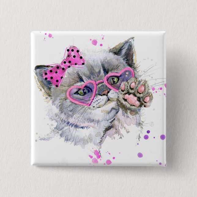 Cute Watercolor Kitten 2 Inch Square Button (Front)