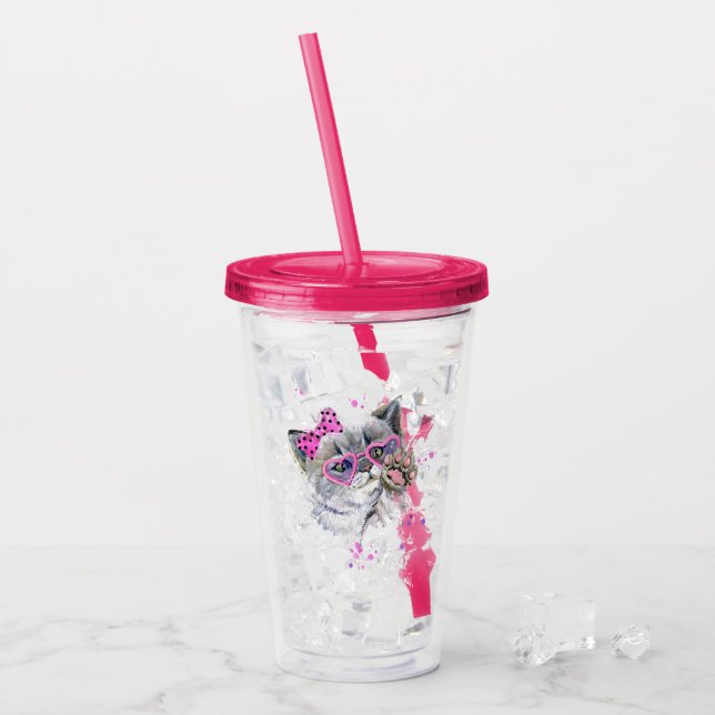 Cute Watercolor Kitten Acrylic Tumbler (Front Ice)