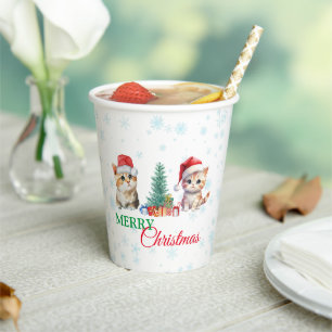 Cute Watercolor kitten cat Santa Christmas party C Paper Cups