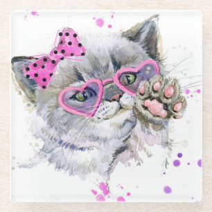Cute Watercolor Kitten Glass Coaster
