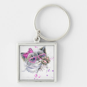 Cute Watercolor Kitten Keychain