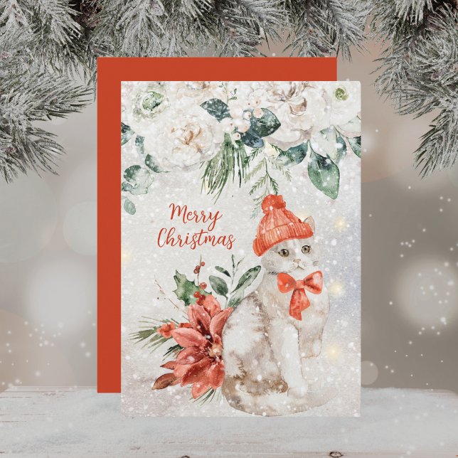 Cute Watercolor Kitten Merry Christmas Holiday Card (Creator Uploaded)