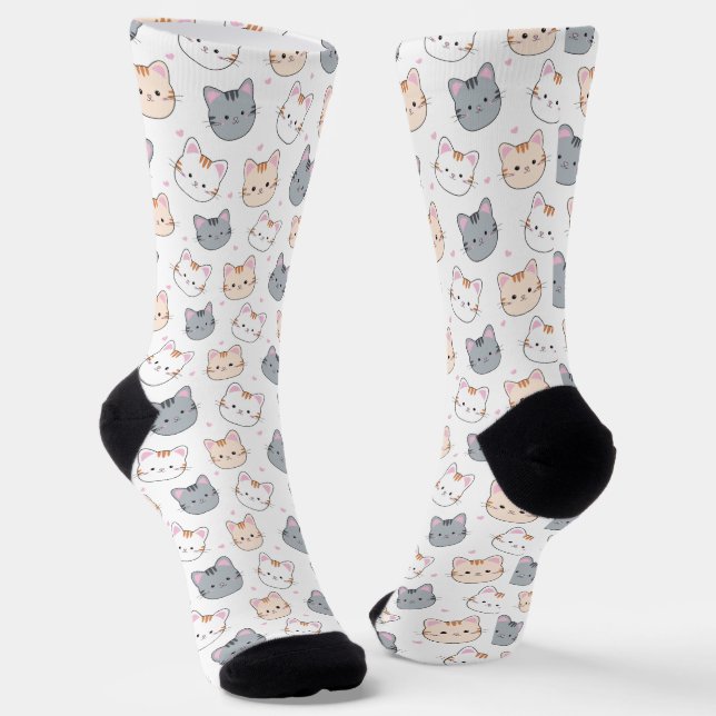 Cute Watercolor Kitten Pattern White Socks (Angled)