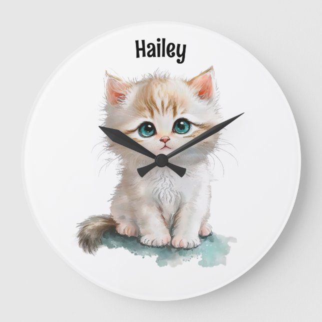 Cute Watercolor Kitten with Blue Eyes  Large Clock (Front)
