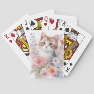 Cute Watercolor Kitten with Floral Playing Cards
