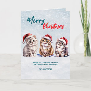 Cute watercolor kitty cat Santa  Merry Christmas  Card