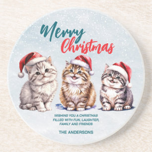 Cute watercolor kitty cat Santa  Merry Christmas  Coaster