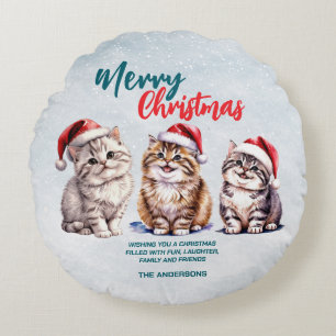 Cute watercolor kitty cat Santa  Merry Christmas  Round Pillow
