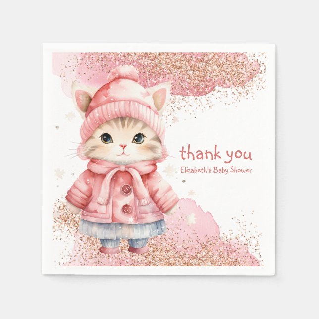 Cute Watercolor Kitty Cat Winter Coat Party Napkin (Front)
