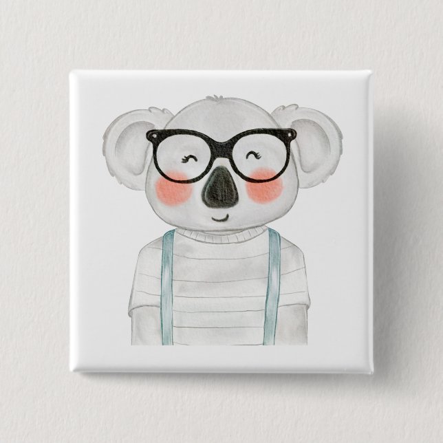 Cute Watercolor Koala with Glasses 2 Inch Square Button (Front)