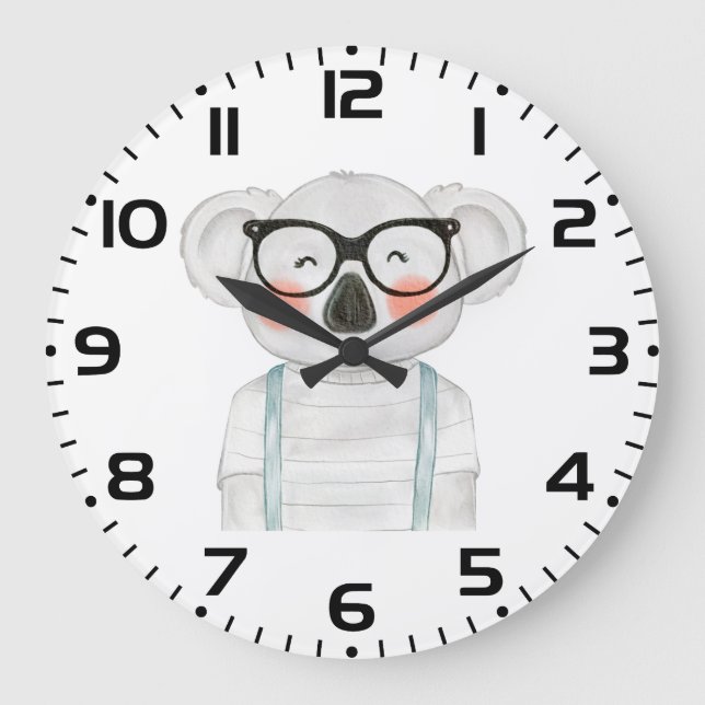 Cute Watercolor Koala with Glasses Large Clock (Front)