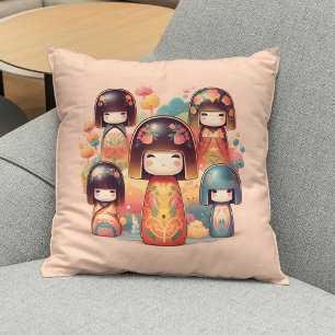 Cute Watercolor Kokeshi Dolls Blush Throw Pillow