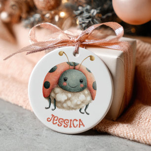 Cute Watercolor Ladybug Pattern with Photo Pastel  Ceramic Ornament