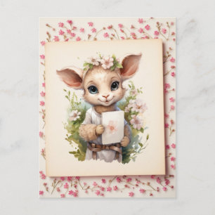 Cute Watercolor Lamb holding a letter -  Postcard
