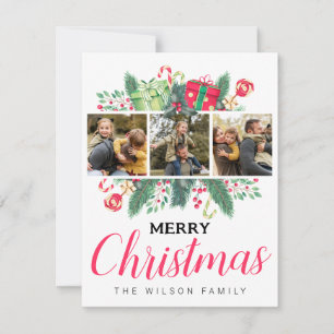 Cute Watercolor Leaves Merry Christmas Family Pics Holiday Card