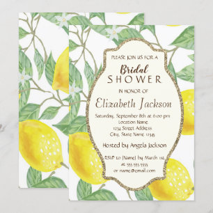 Cute Watercolor Lemons, Gold Glitter Frame Invitation