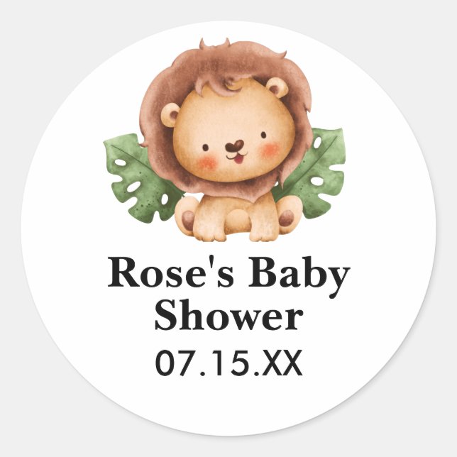 Cute Watercolor Lion Baby Shower Classic Round Sticker (Front)