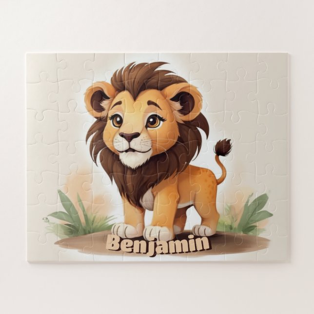 Cute Watercolor Lion Personalized Kids Jigsaw Puzzle (Horizontal)