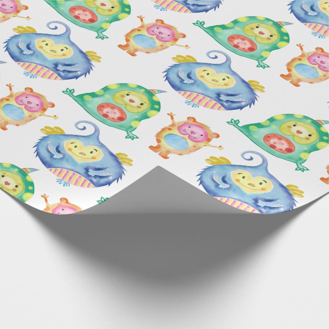 Cute Watercolor Little Monsters Pattern Wrapping Paper (Corner)