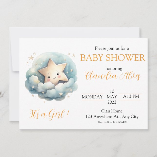 Cute Watercolor Little Star in Blue Clouds Invitation (Front)