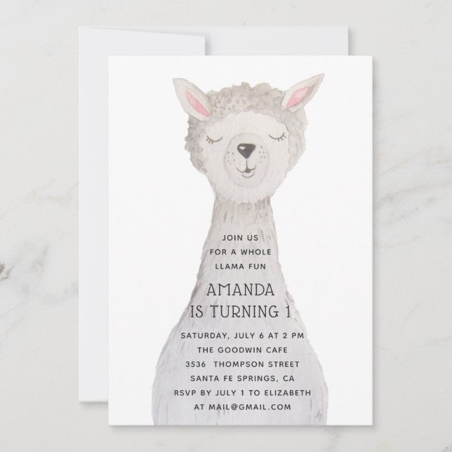 Cute Watercolor Llama Birthday | Boho Kids Party Invitation (Front)