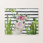 Cute Watercolor Llama | Floral Cactus & Stripes Jigsaw Puzzle<br><div class="desc">Llama just say this is a puzzle the entire family will love. Add your custom wording to this design by using the "Edit this design template" boxes on the right hand side of the item, or click the blue "Customize it" button to arrange the text, change the fonts and colours...</div>