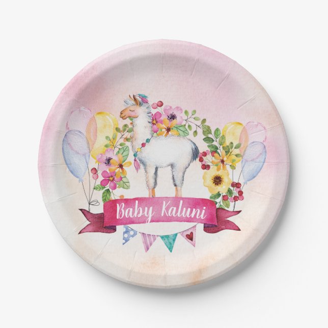 Cute Watercolor Llama Floral Fiesta Shower Plates (Front)