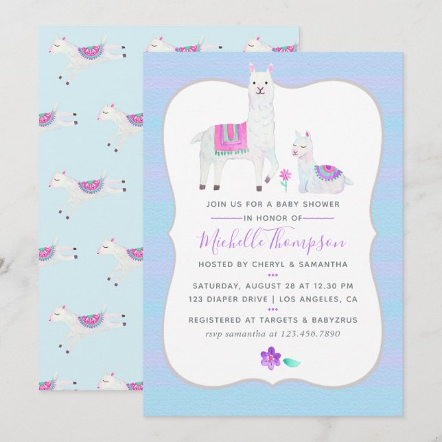 Cute Watercolor Llama themed Baby Shower Invite (Front/Back)