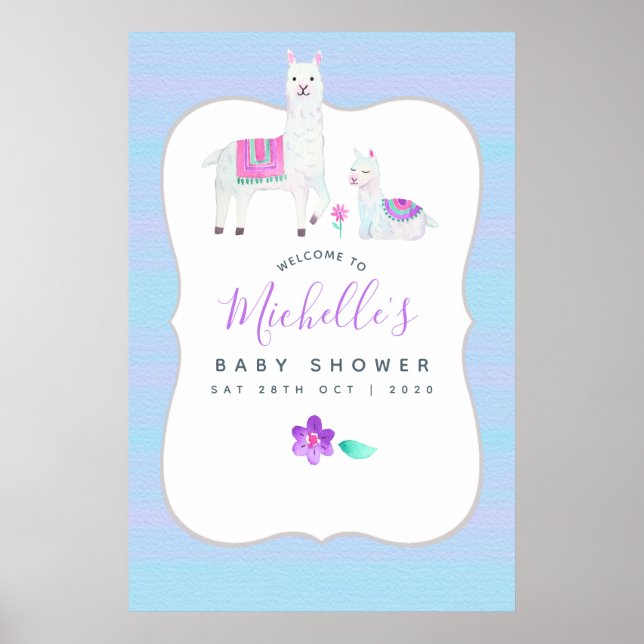 Cute Watercolor Llama themed Baby Shower Welcome Poster (Front)