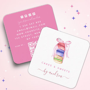 Cute Watercolor Macarons & Pink Ribbon QR Code Squ Square Business Card