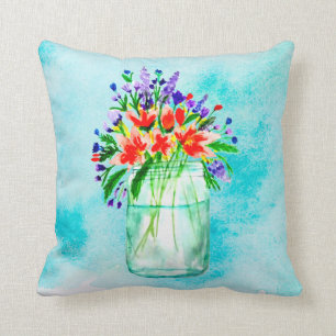 Cute Watercolor Mason Jar Peach Purple Flowers Throw Pillow