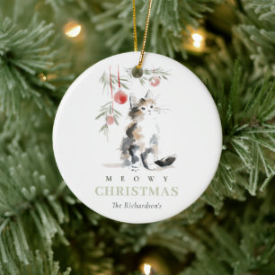 Cute Watercolor Meowy Christmas Tree Cat Photo Ceramic Ornament