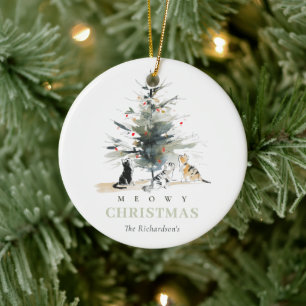 Cute Watercolor Meowy Christmas Tree Cats Photo Ceramic Ornament