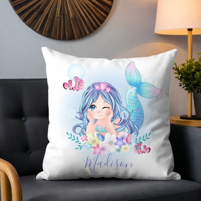 Cute Watercolor Mermaid Kids Personalized Name Throw Pillow (Creator Uploaded)