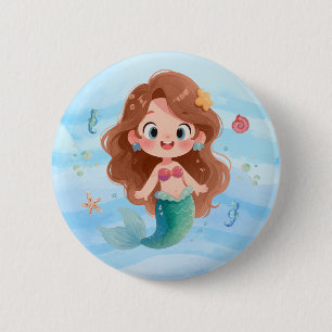 Cute Watercolor Mermaid Under the Sea Art Chibi 2 Inch Round Button