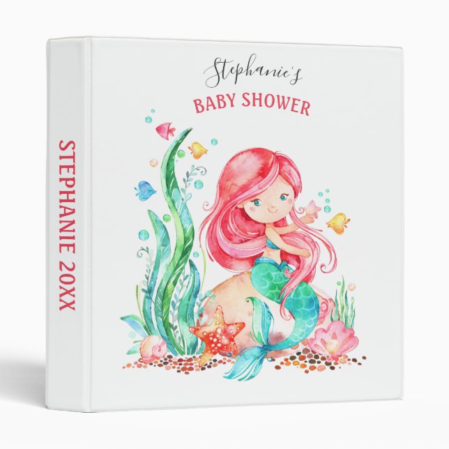 Cute Watercolor Mermaid Under the Sea Baby Shower Binder (Front/Spine)