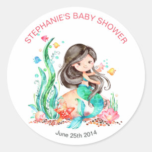 Cute Watercolor Mermaid Under the Sea Baby Shower Classic Round Sticker