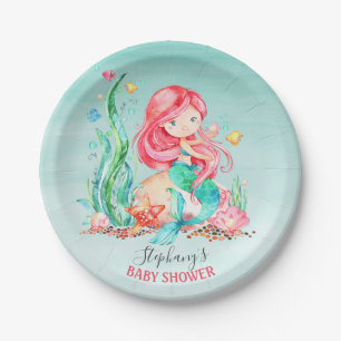Cute Watercolor Mermaid Under the Sea Baby Shower Paper Plate