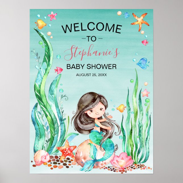Cute Watercolor Mermaid Under the Sea Baby Shower Poster (Front)