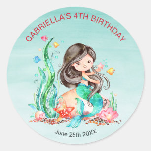 Cute Watercolor Mermaid Under the Sea Birthday Classic Round Sticker
