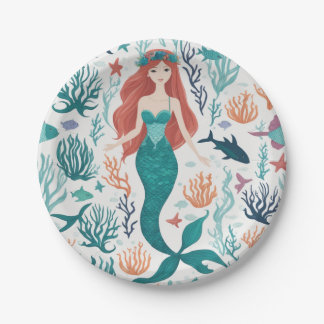 Cute Watercolor Mermaid Under the Sea Birthday Paper Plate