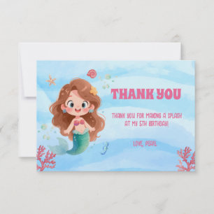 Cute Watercolor Mermaid Under the Sea Birthday Thank You Card