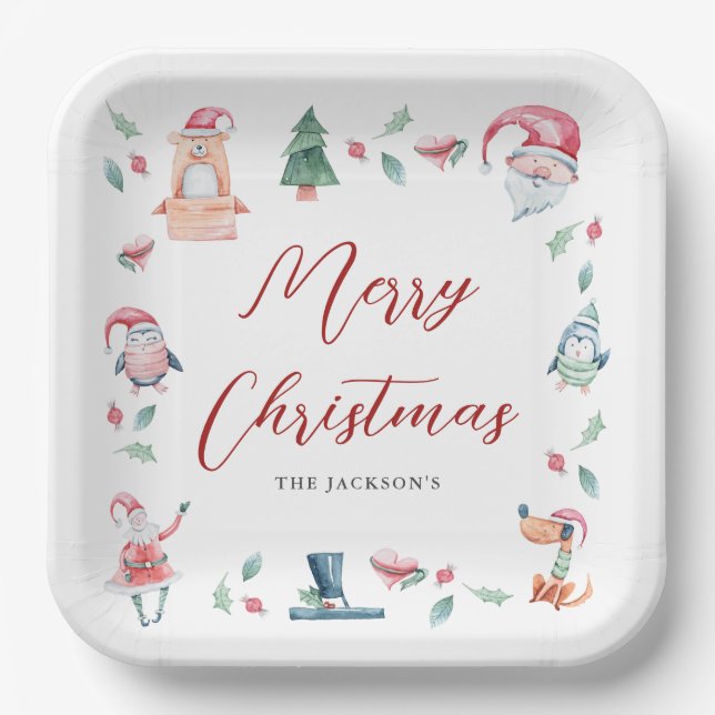 Cute Watercolor Merry Christmas Personalized  Paper Plate (Front)