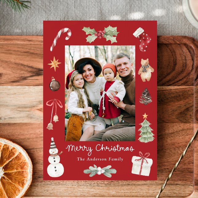 Cute Watercolor Merry Christmas Red Family Photo Holiday Card (Creator Uploaded)