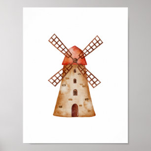 Cute Watercolor Mill Farm Windmill Poster