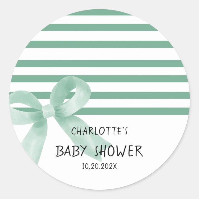 Cute Watercolor Mint Bow Baby Shower Classic Round Sticker (Front)