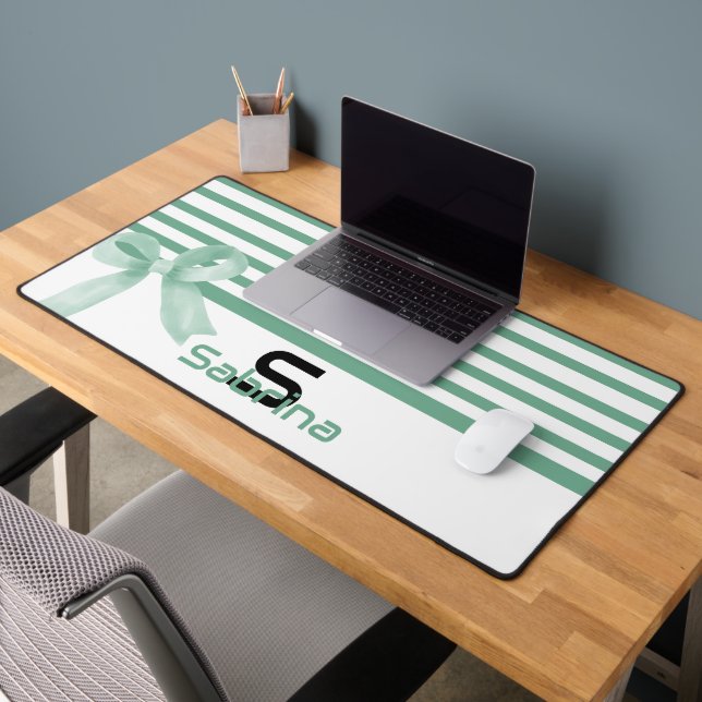 Cute Watercolor Mint Bow Stripes Desk Mat (Office 2)